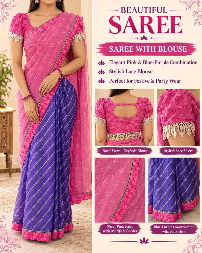 Beautiful Pink snd blue Saree with blouse 💃💃