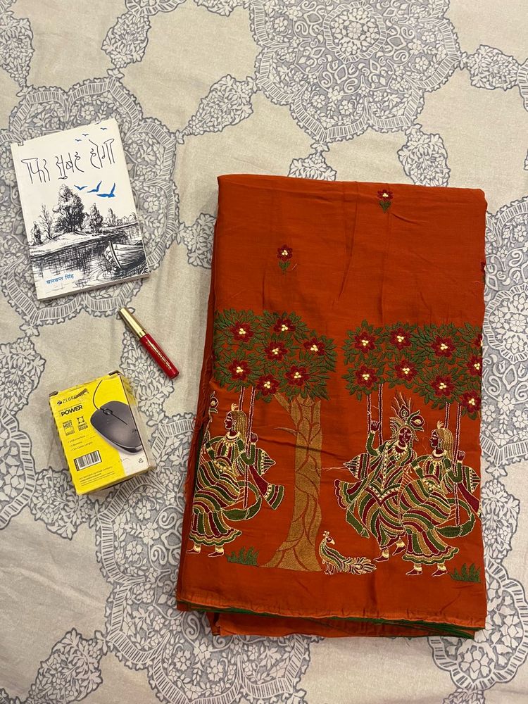 Vibrant Cotton 🍊Saree with Krishna Motif