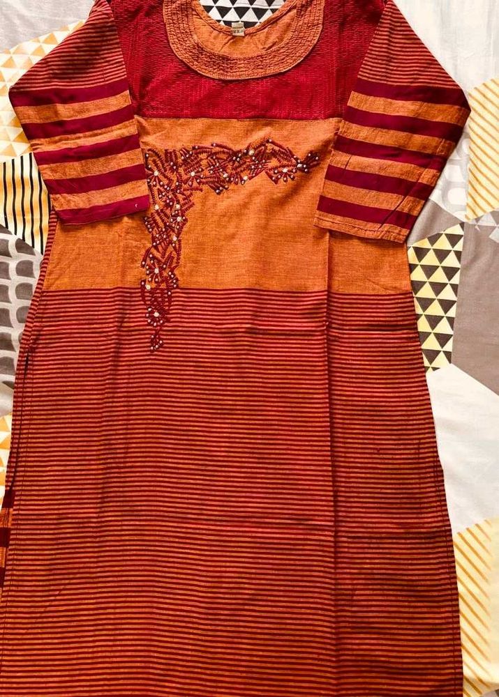 Embellished Orange and Red Striped Kurta