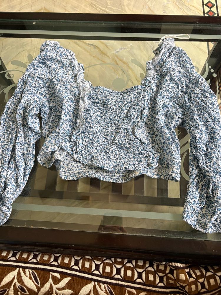 Blue Floral Smocked Crop Top
