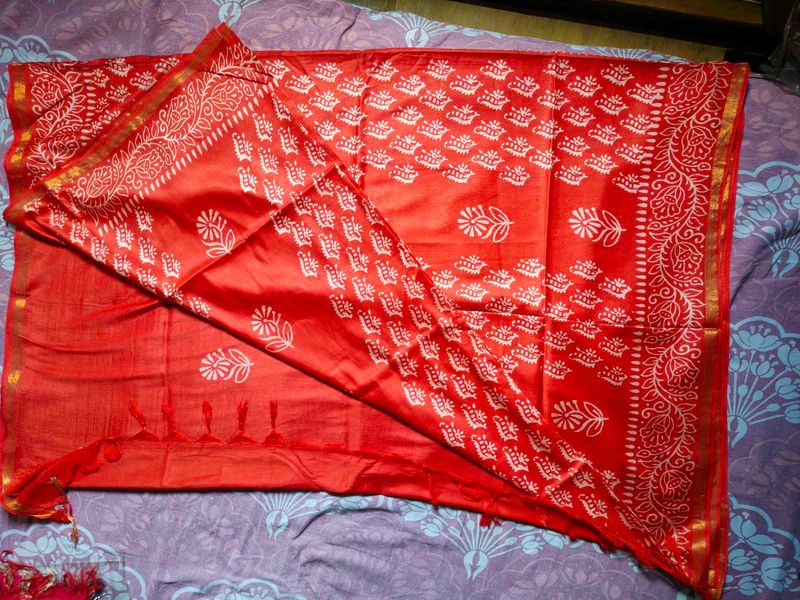 Vibrant Red Block Print Saree