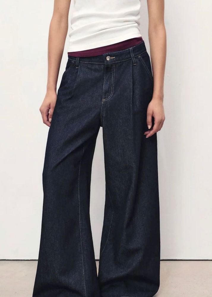 MANGO women high rise pleated wide leg jeans