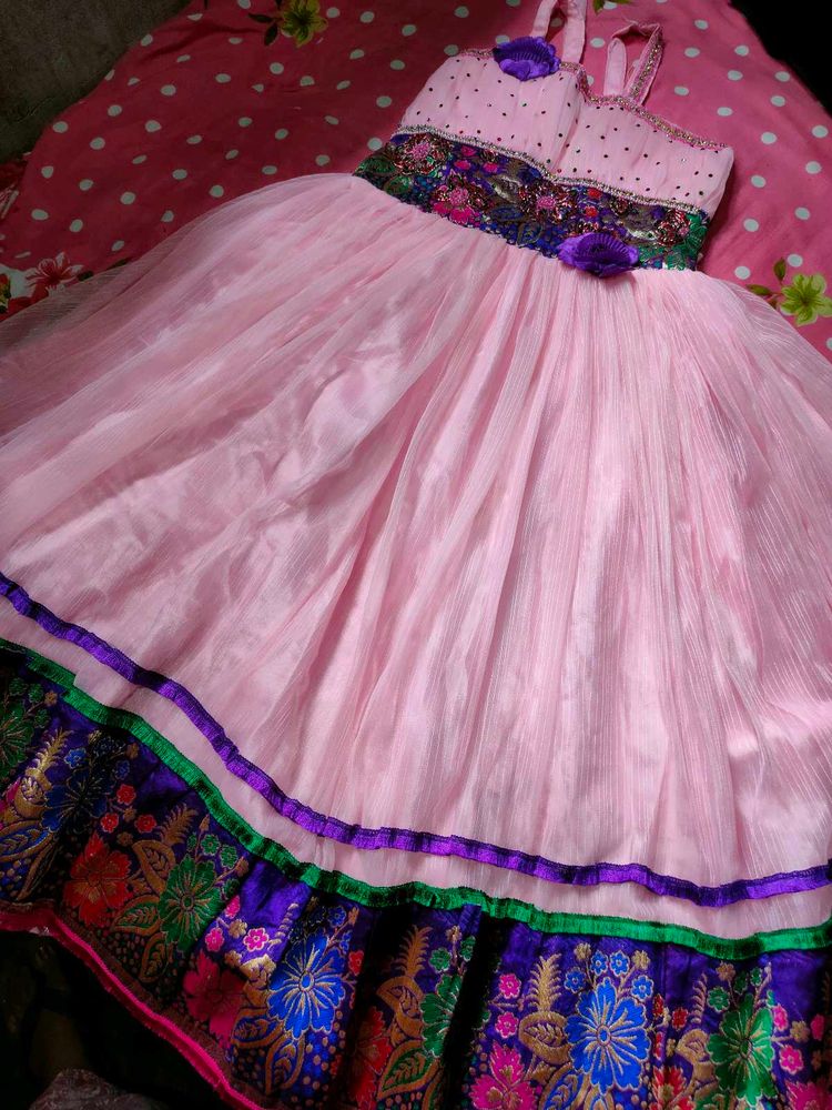 Beautiful Pink flowy Dress with crop top for Girls