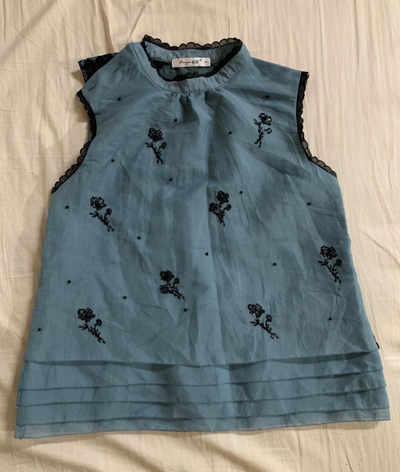 Blue Floral Sleeveless Top