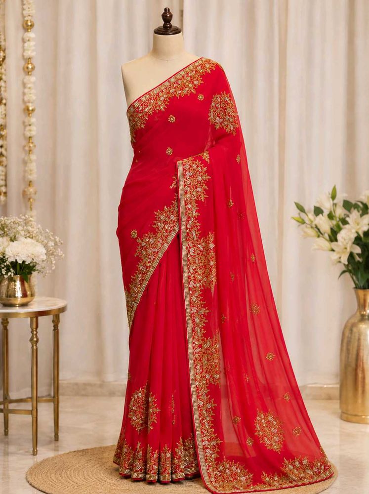 Red Embroidered Georgette Saree