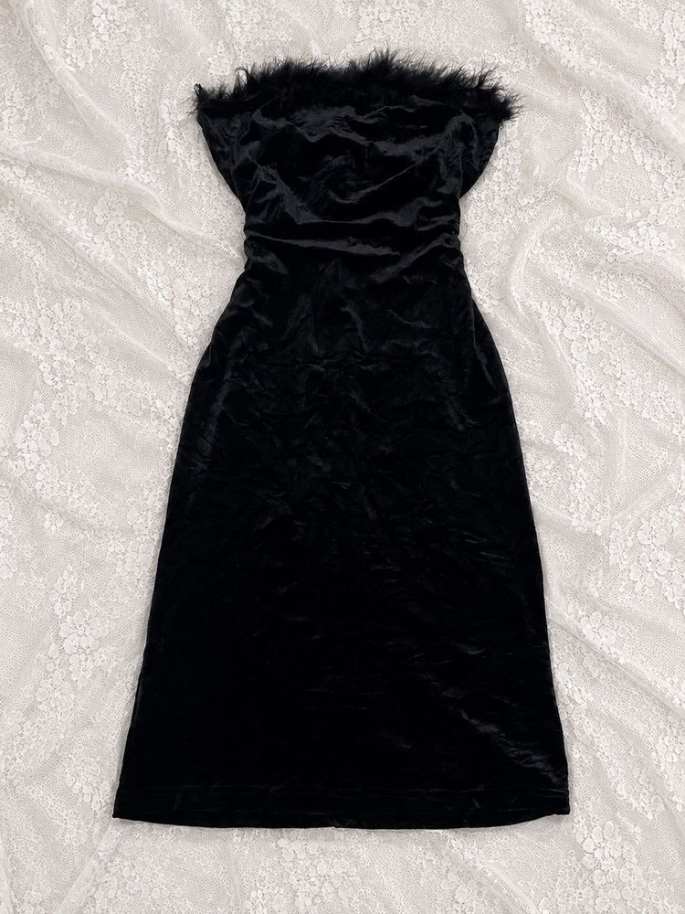 Black Velvet Feather Trim Dress