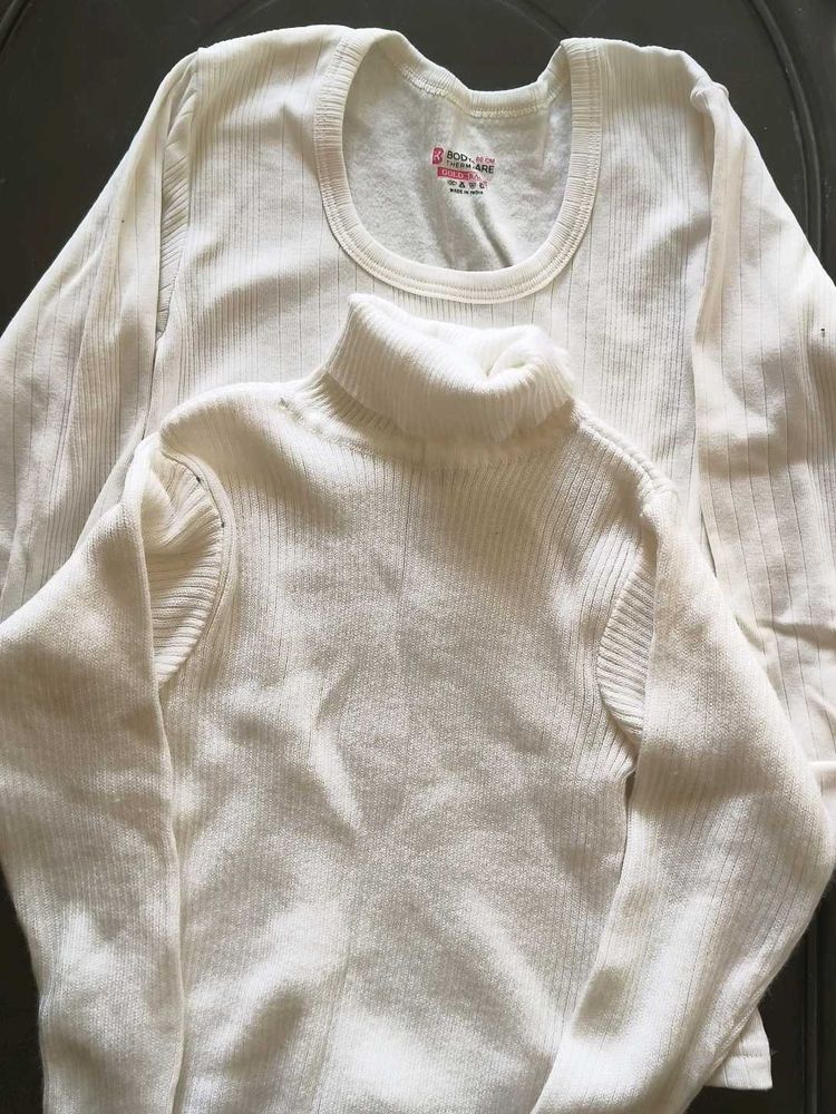 White Ribbed Turtleneck and Crew Neck Top Set