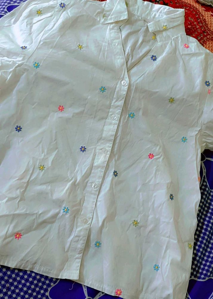 Cute Floral Embroidered White Shirt
