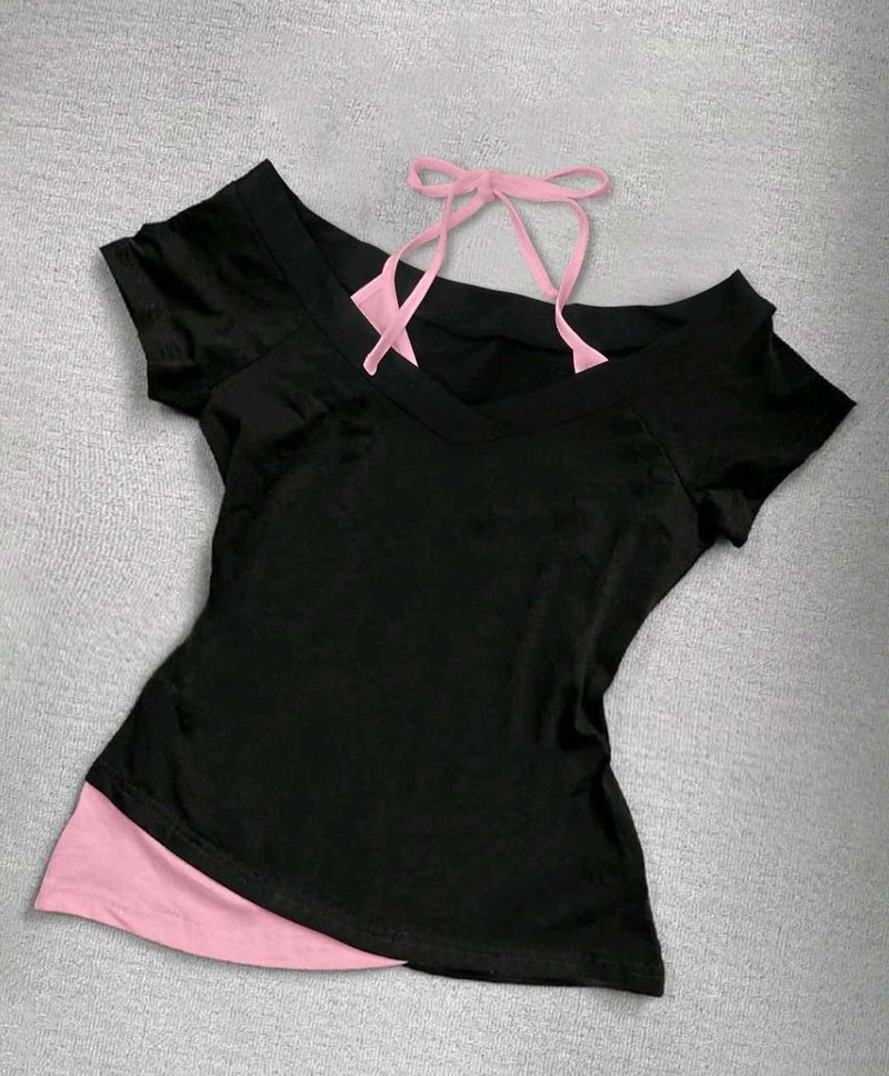 Black Pink Trimmed Off-Shoulder Top