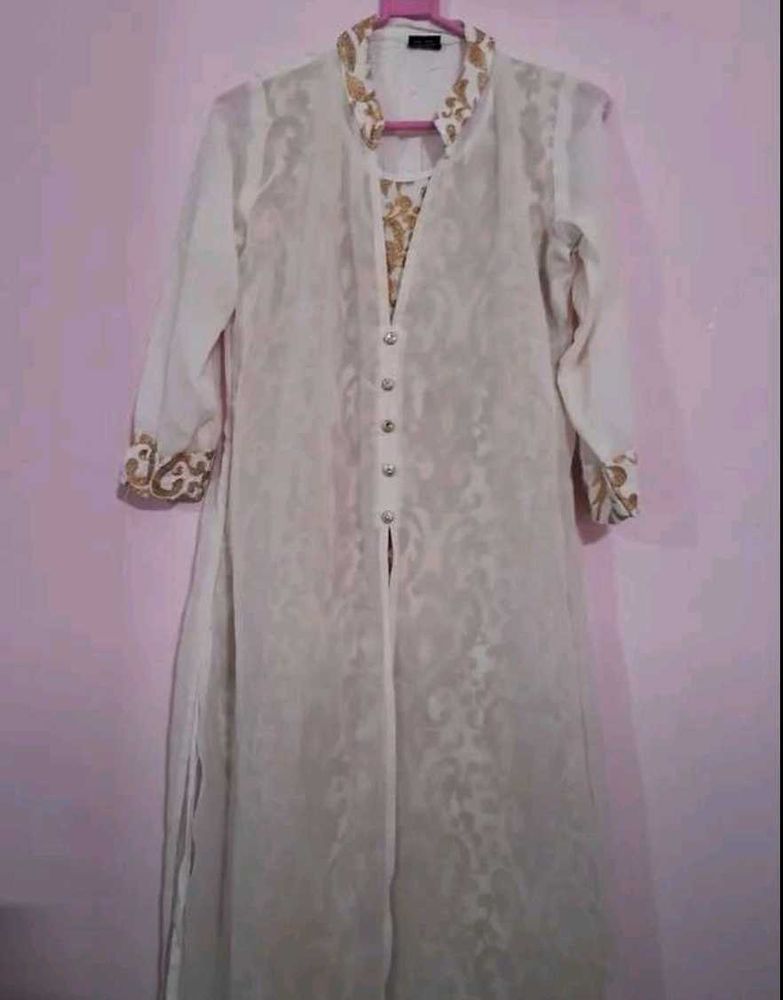 White &amp; Gold Embroidered Kurti