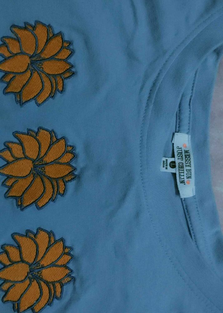 Cute Blue Top with Flower Appliques