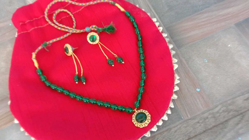 Green Beaded Necklace and Earring Set