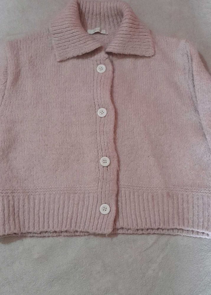 Pink Collared Knit Cardigan