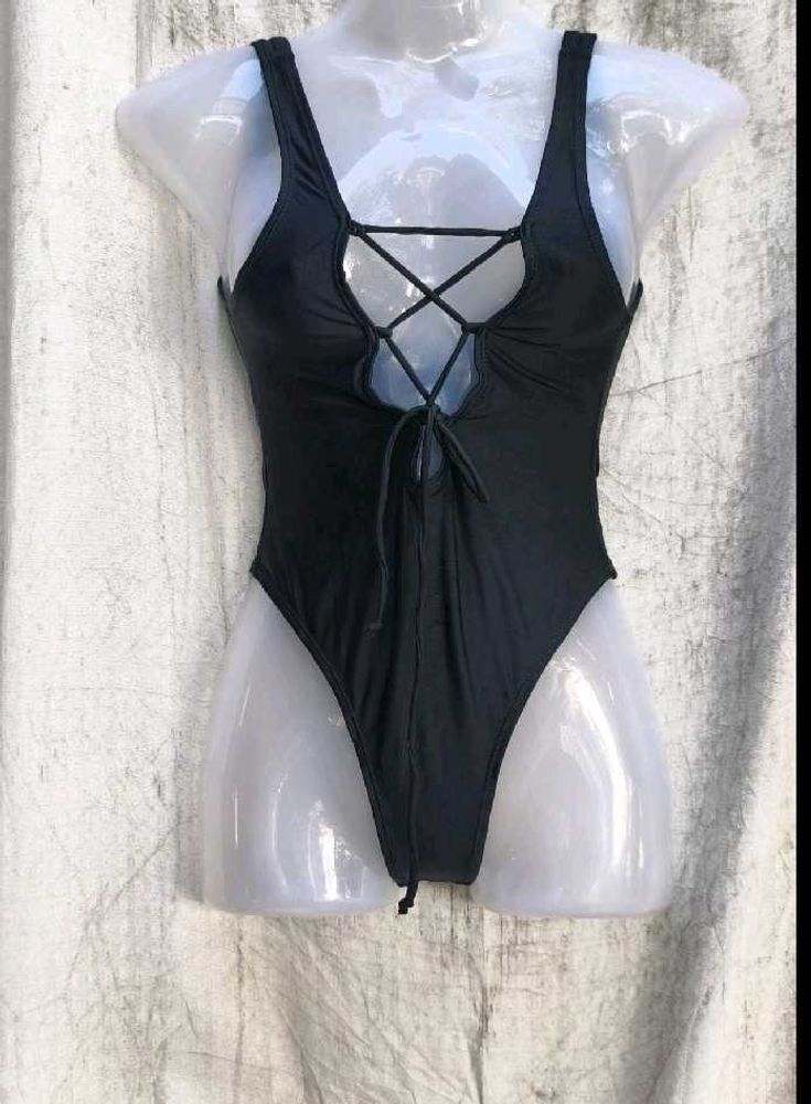 New Women's Black Lace-Up One-Piece Swimsuit