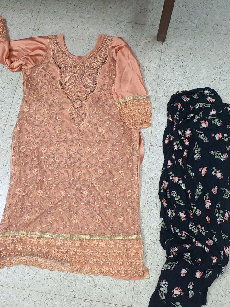 Peach Embroidered Kurta Set with Floral Bottom