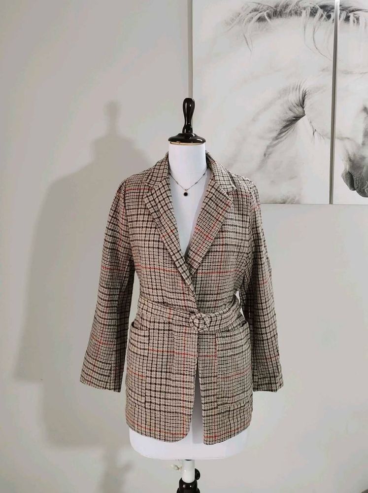 Belted Plaid Blazer