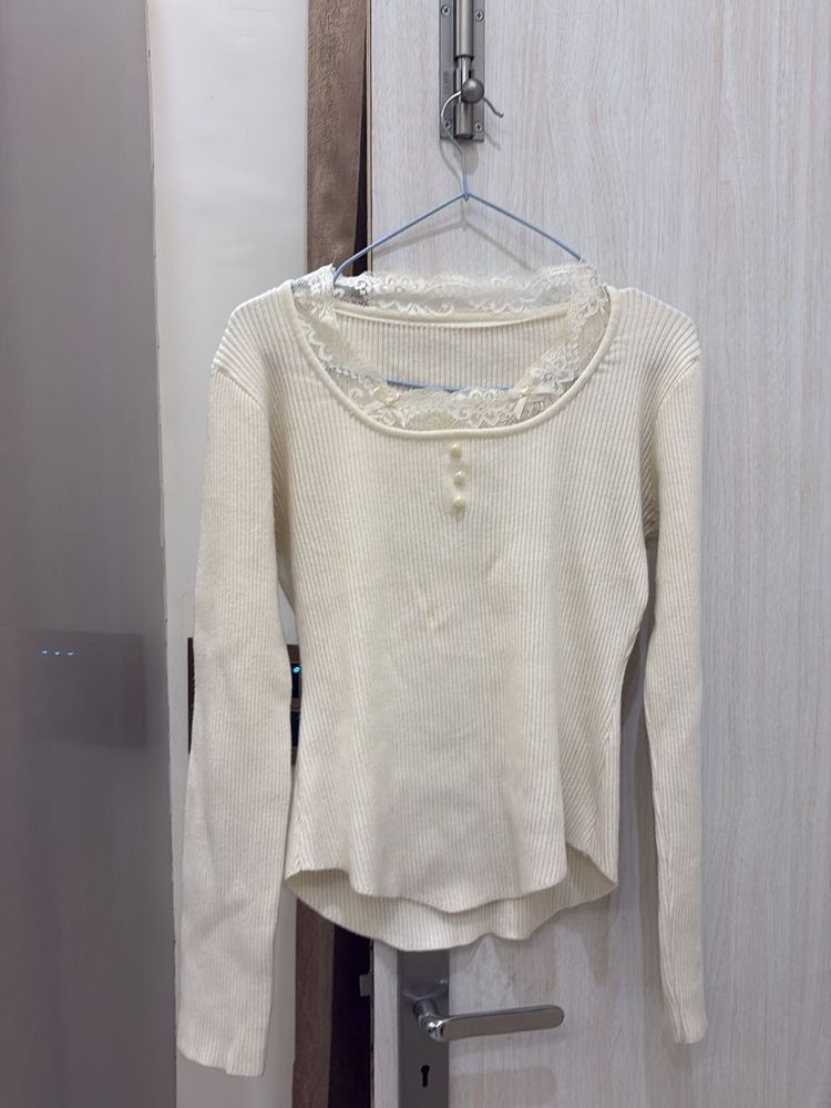 Cream Ribbed Lace Trim Top