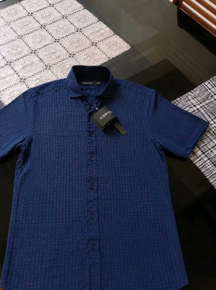 Men's Blue Textured Short Sleeve Shirt