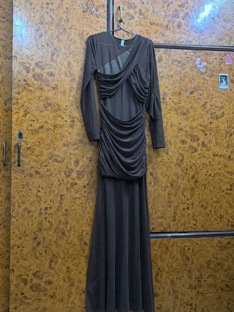 Elegant Ruched Long Sleeve sheer Dress