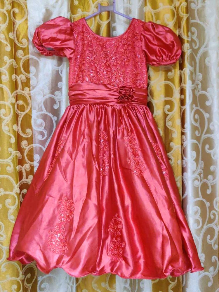 Girls Coral Pink Embellished Gown