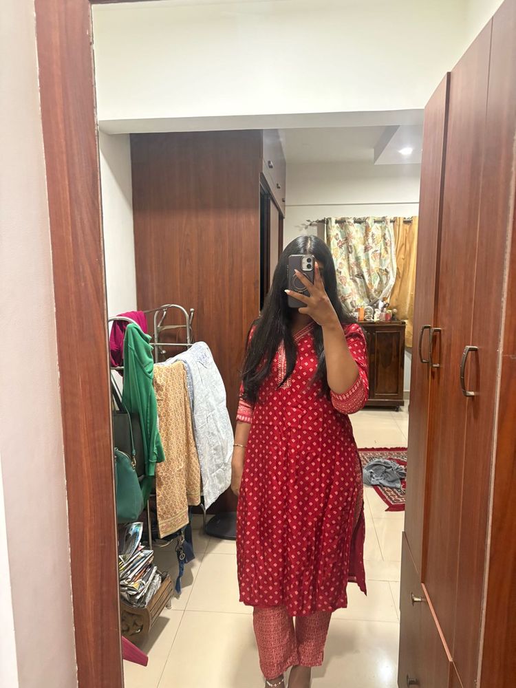 Red Printed Kurta Set for Women