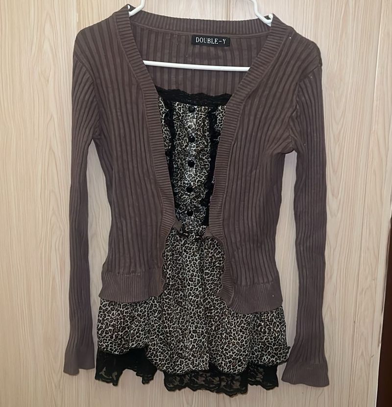 Cute Brown Cardigan with Leopard Print Top