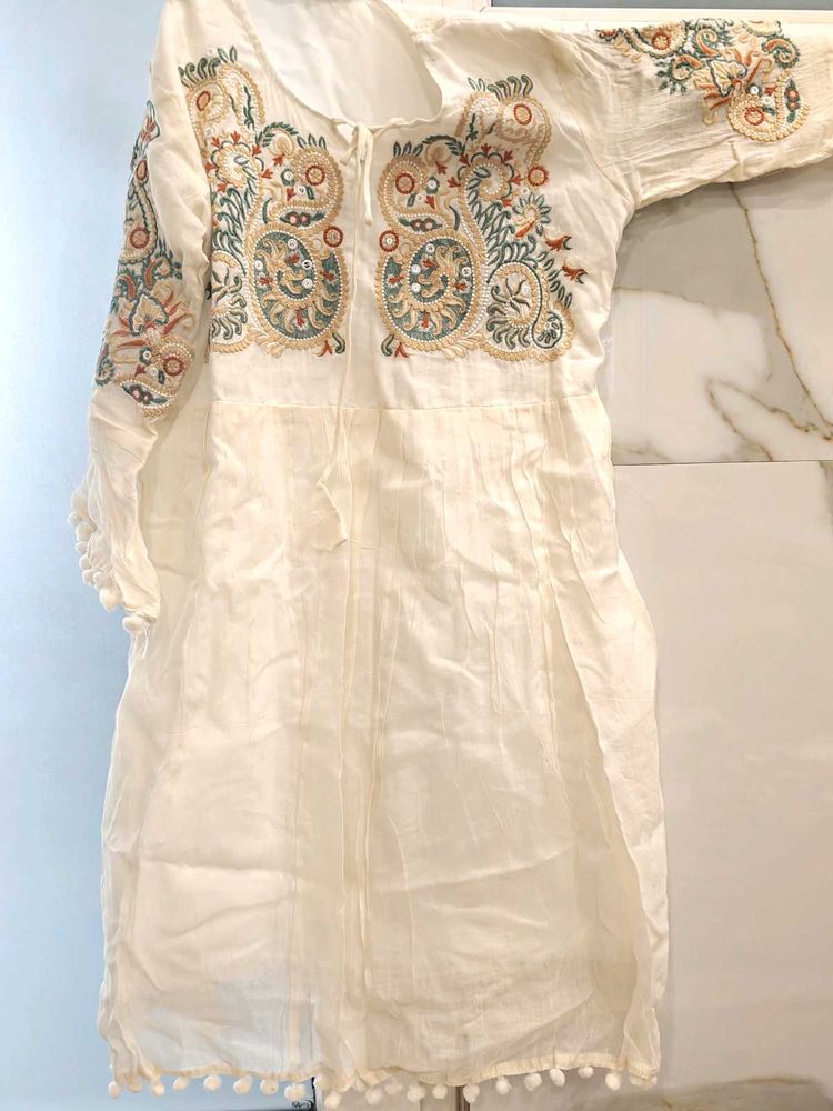 Embroidered Kurta with Pom-Pom Trim