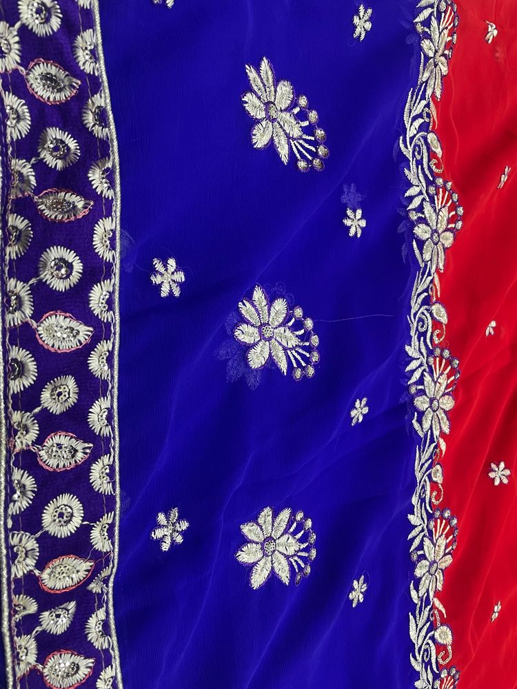 Embroidered Blue &amp; Red Sari