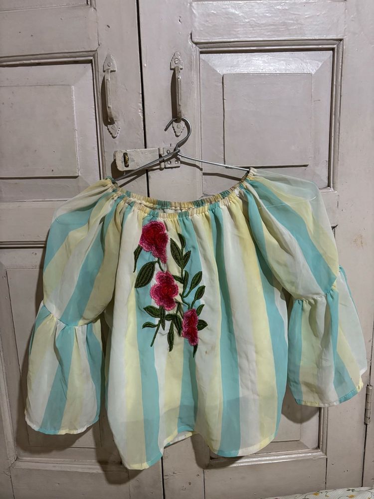 Striped Off-Shoulder Bell Sleeve Top
