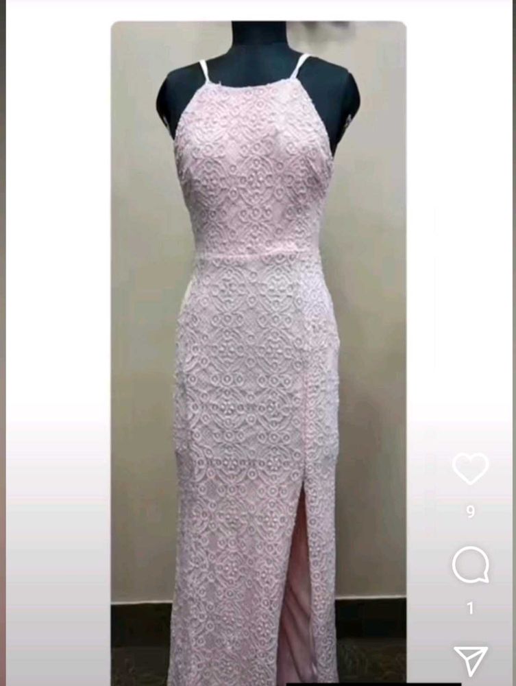Pink Lace Maxi Dress with side slit