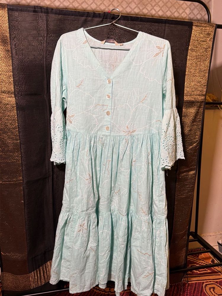 Light Blue Embroidered Tiered Midi Dress