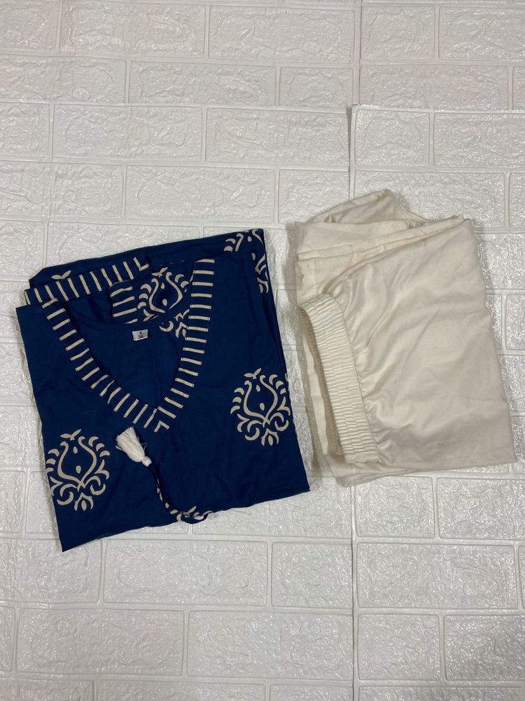 Navy Blue Kurta Set with Cream Pants