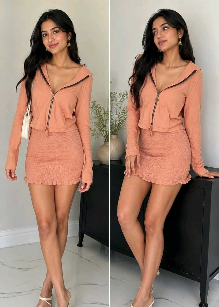 Peach Smocked Mini Skirt &amp; Hoodie Set