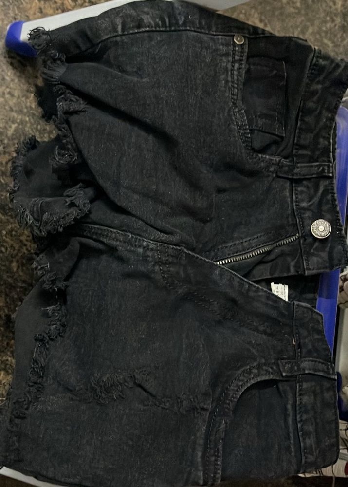 Distressed Black Denim Shorts