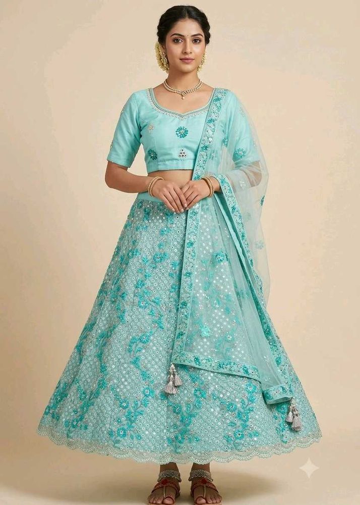 sea green lehenga Net Dupatta