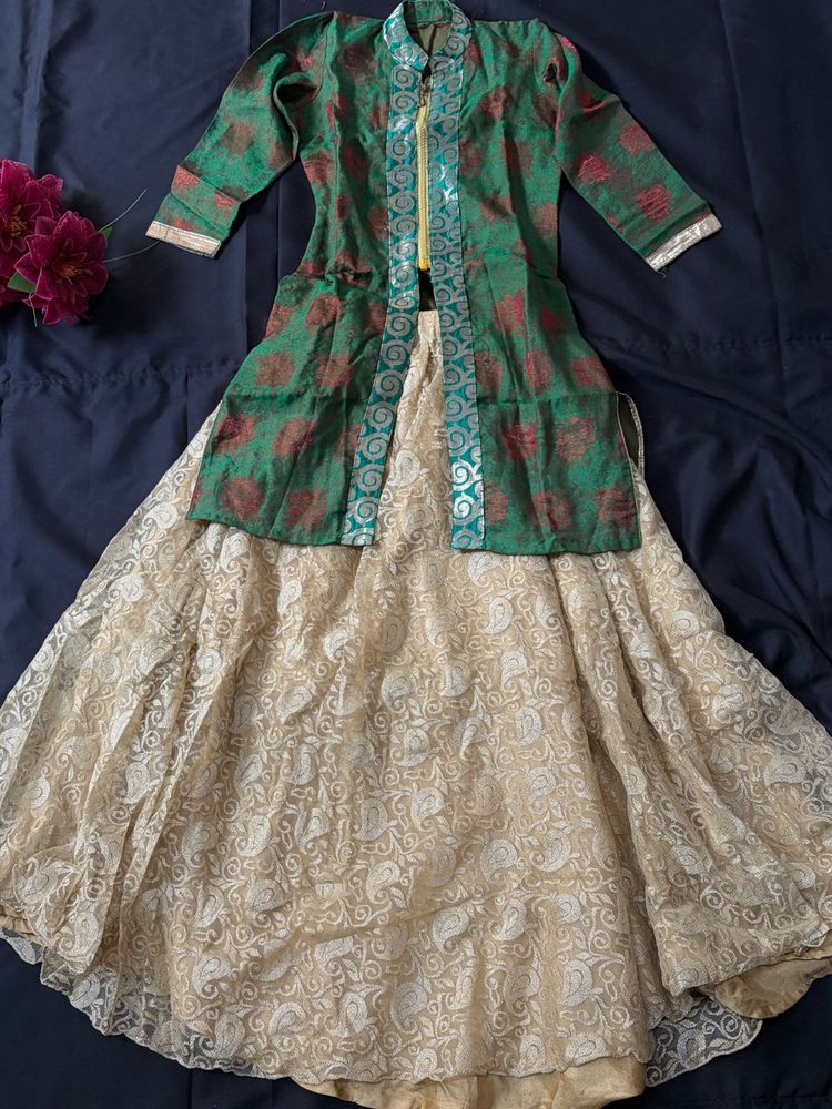 Green &amp; Cream Ethnic Lehenga Choli Set