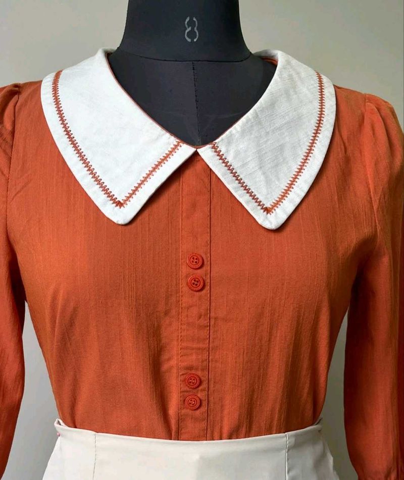 Retro Orange Top with White Pan Collar