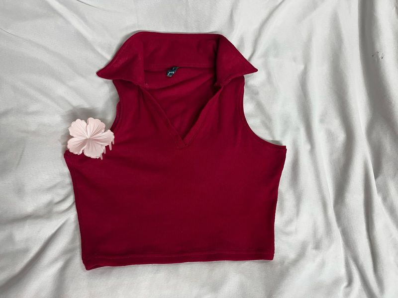 Burgundy Red Ribbed Polo Crop Top 🌸