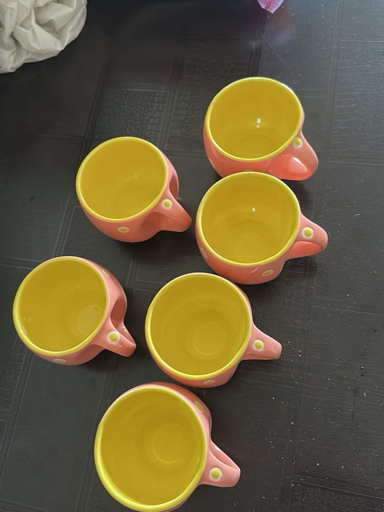Set of 6 Pink &amp; Yellow Polka Dot Mugs