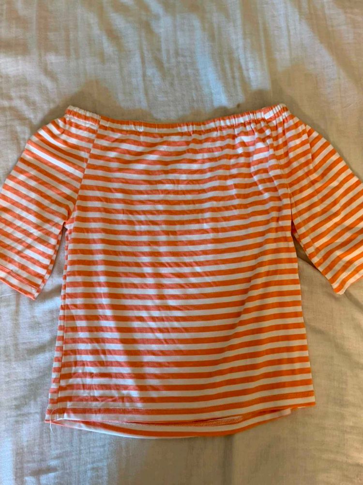 Y2k Orange &amp; White Striped Off-Shoulder Top