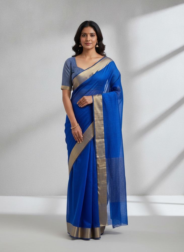 Simple Royal blue Saree with Striped Blouse