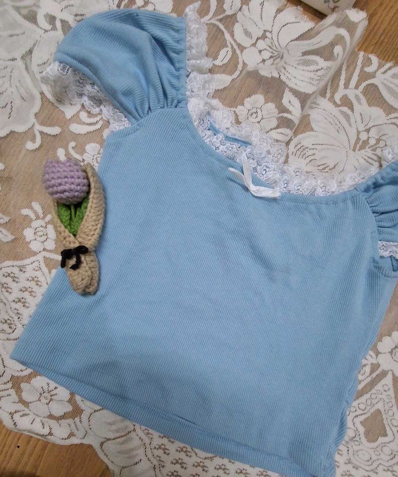 Cute Blue Ribbed Crop Top with Lace Trim