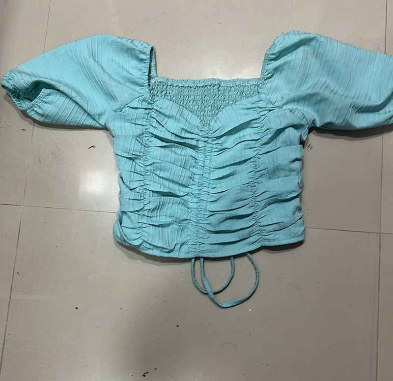 Aqua Ruched Puff Sleeve Top