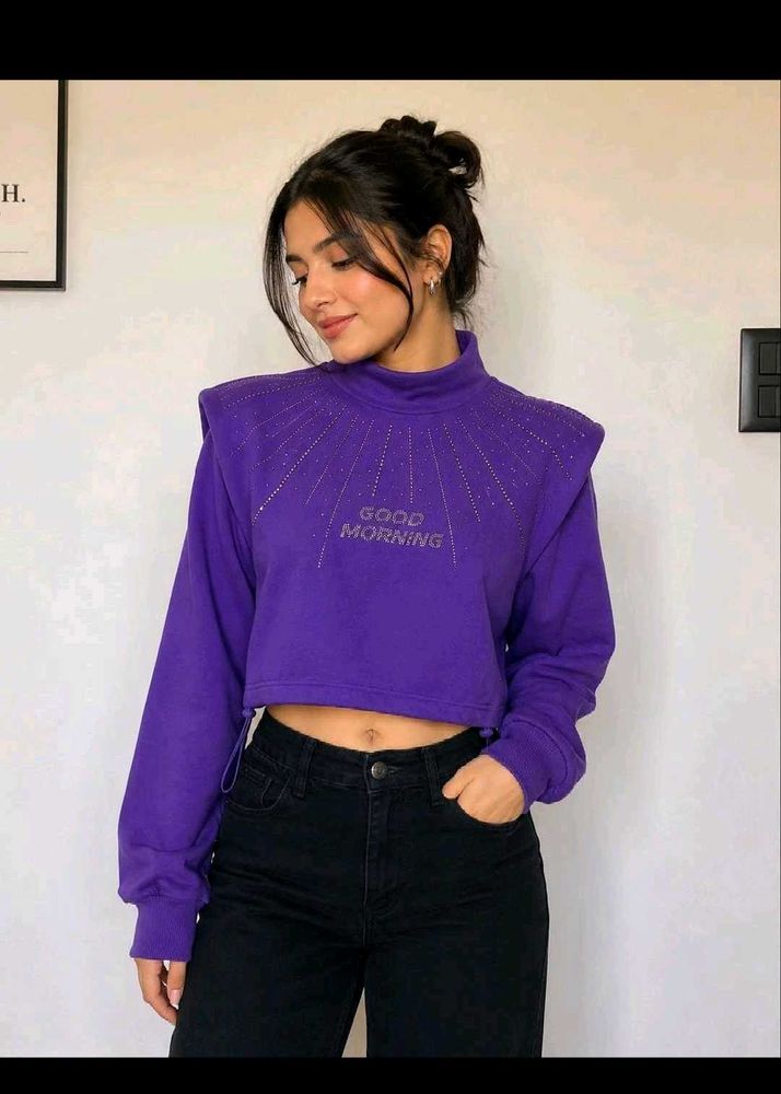 Purple Cropped Sweatshirt with Rhinestones