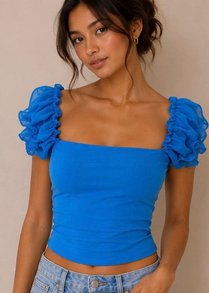 Chic Blue Ruffle Sleeve Top