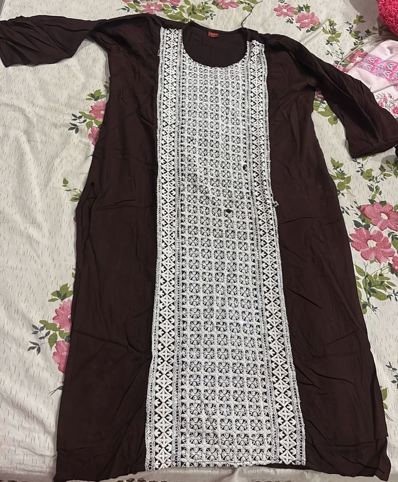 Beautiful Brown Kurta with White Embroidery
