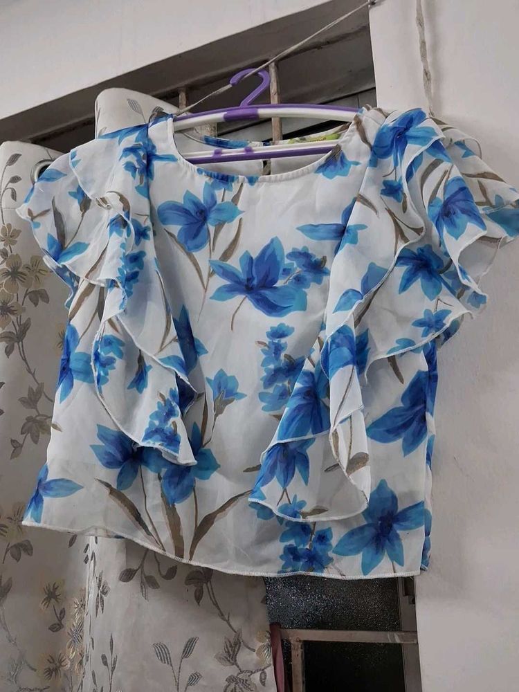 Blue Floral Ruffle Top