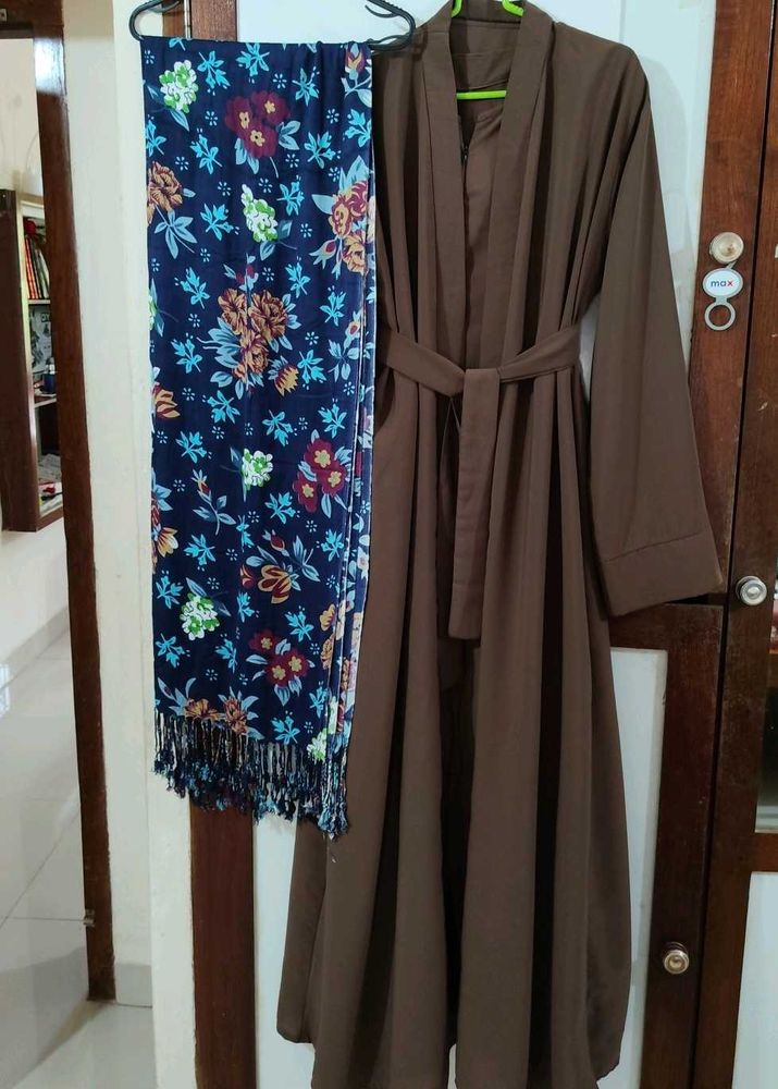 Elegant Brown Abaya Set and a blue floral dupatta