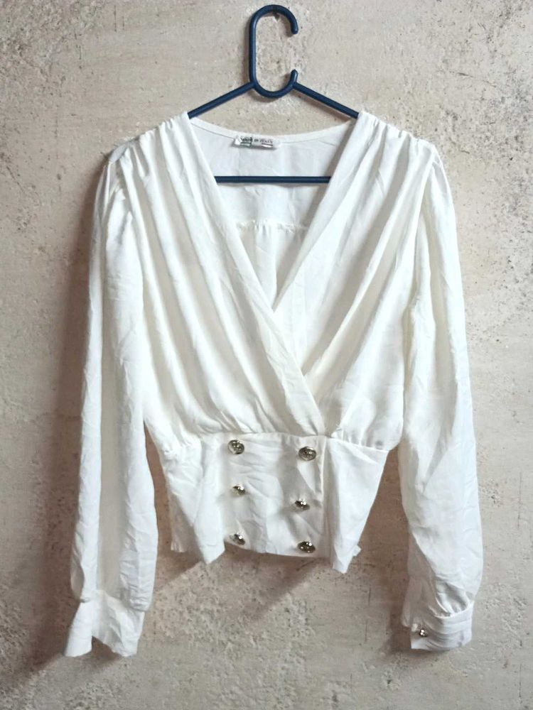 Elegant Crop Wrap Blouse with Gold Buttons
