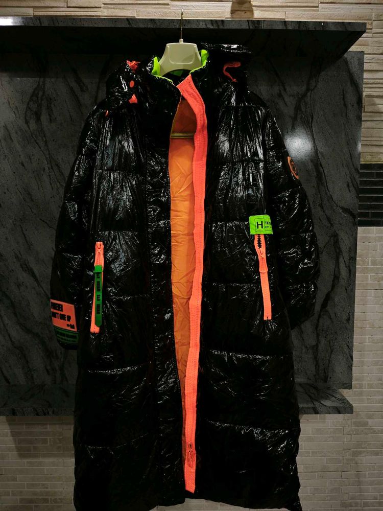 Black Puffer Coat with Neon Accents